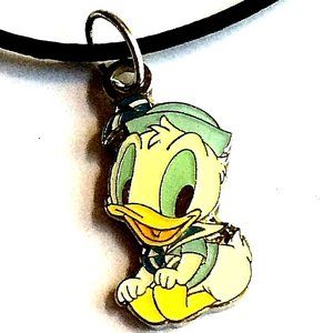 Vintage Disney Baby Donald Duck Necklace Black Cord Signed Enamel Charm 18"